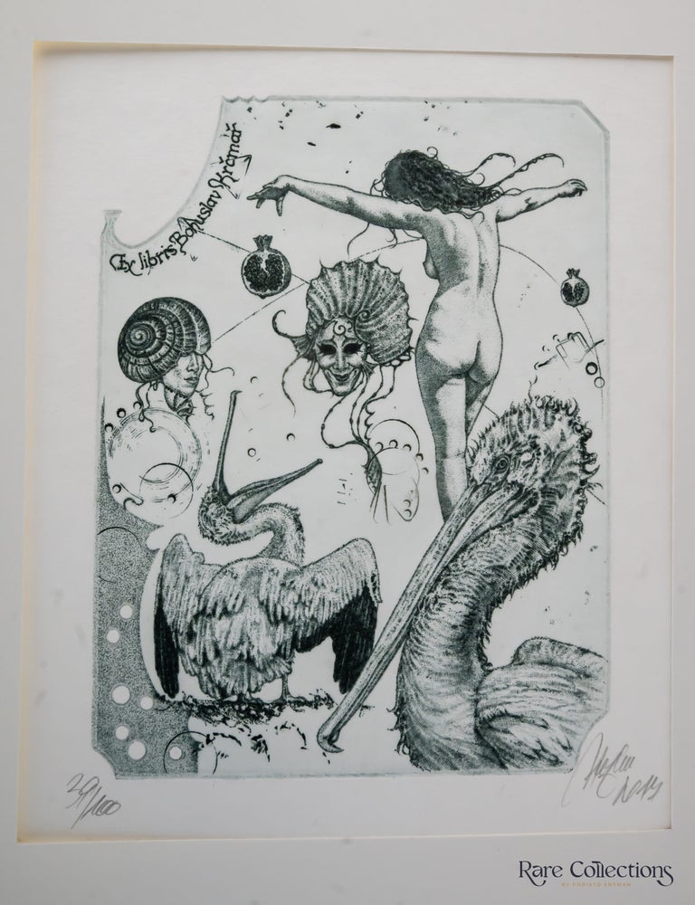 Item #31726 Ex-libris - Feeding of pelicans by pomegranate. G&uuml;nter Hujber.