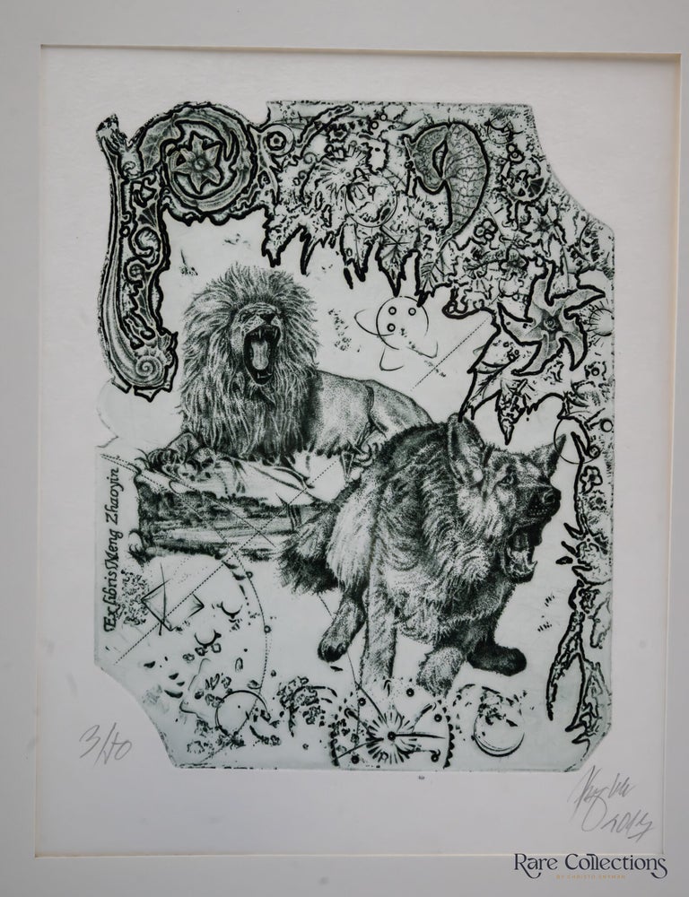 Item #31737 Ex-libris - Meng Zhaoyin "The Dog and the Lion (Aesop's Fables)". G&uuml;nter Hujber.