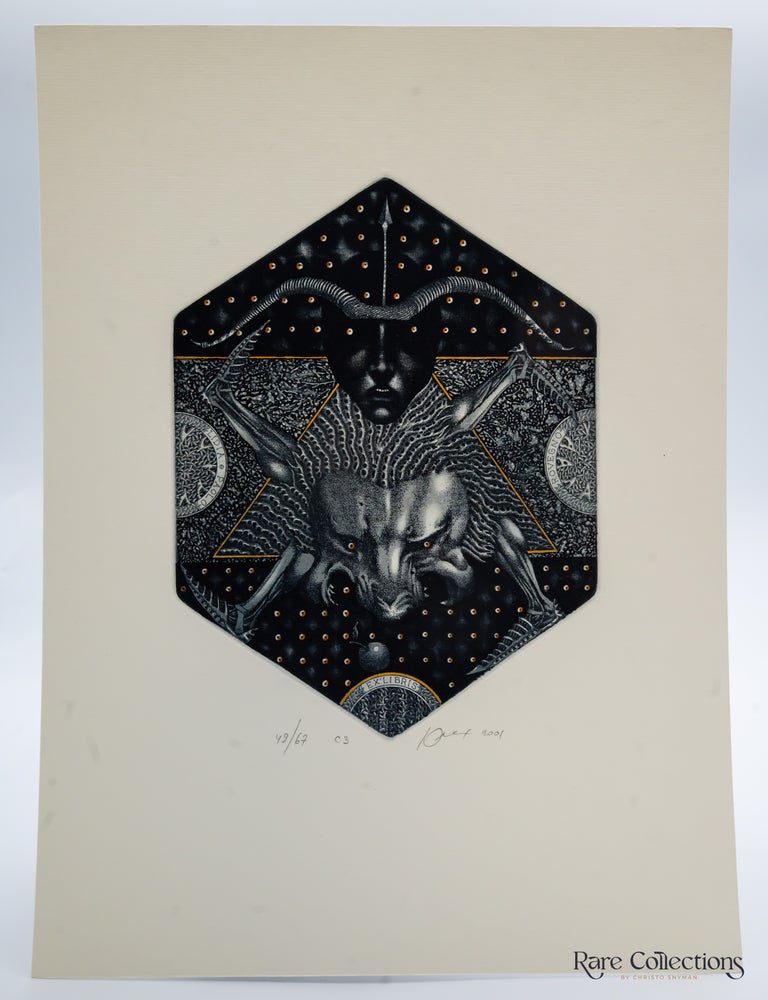 Item #31761 Ex-Libris - Lidia & Paolo Rovegno "Sagittarius and Lion". Juri Jakovenko.