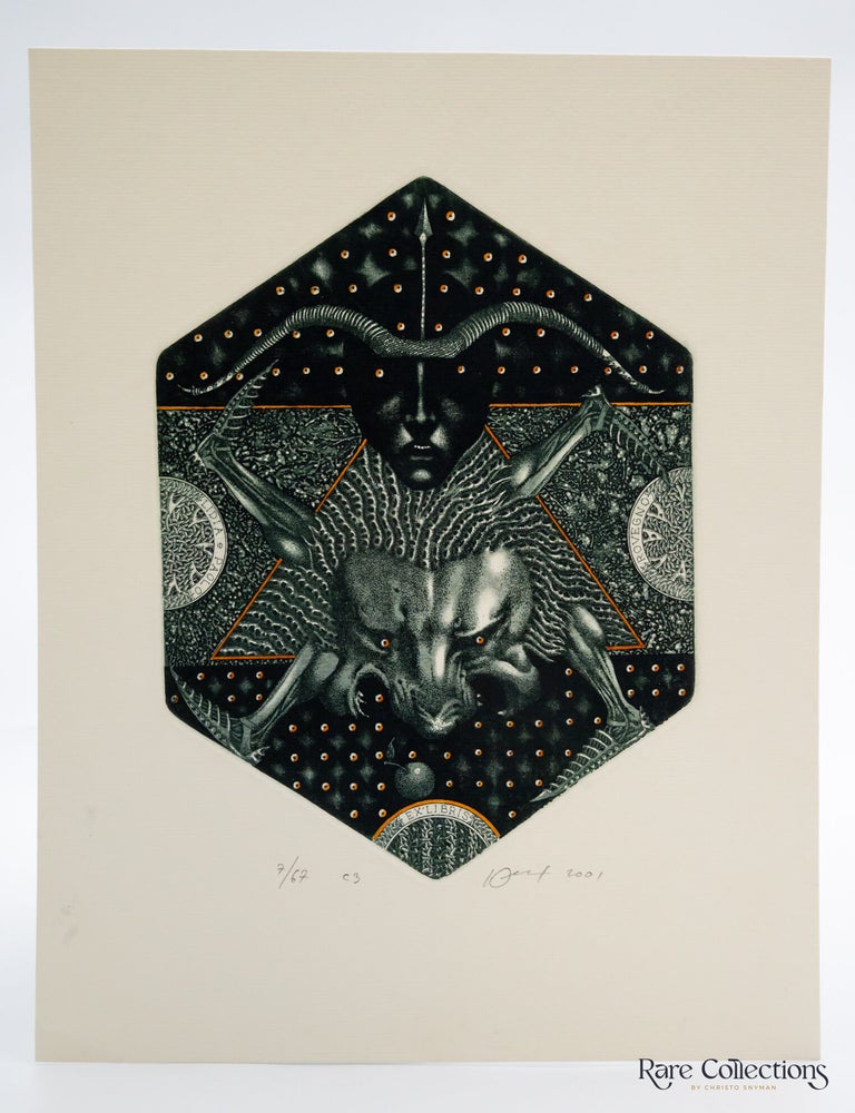 Item #31762 Ex-Libris - Lidia & Paolo Rovegno "Sagittarius and Lion". Juri Jakovenko.