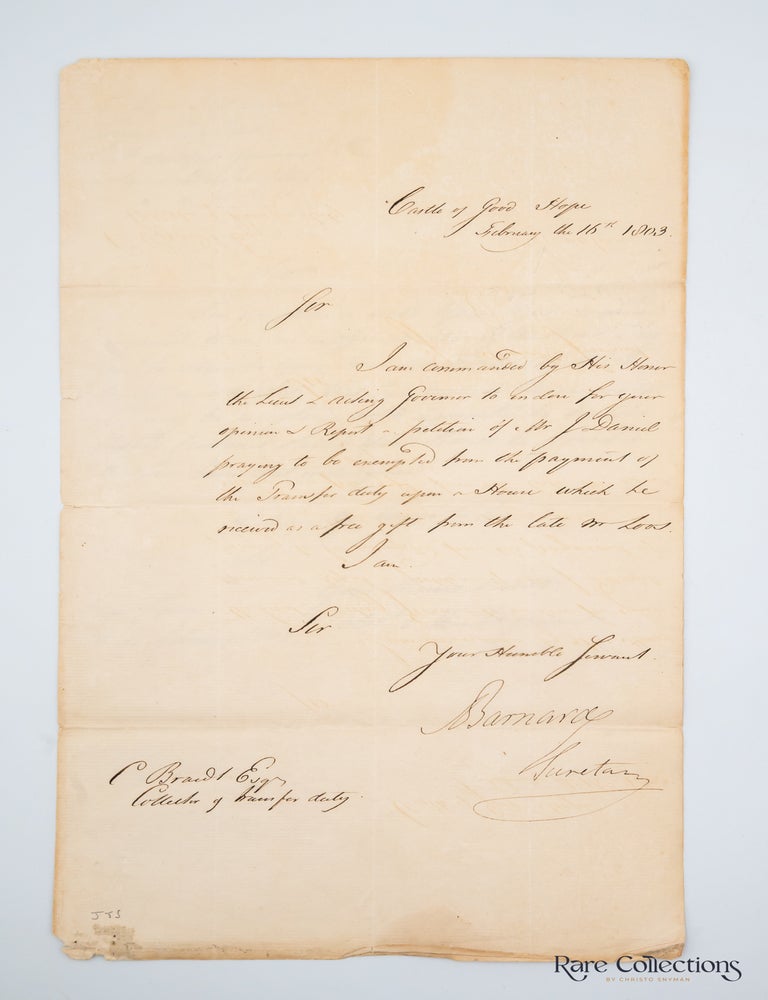 Item #32908 Letter to Collector of Transfer Duty. Andrew Barnard.