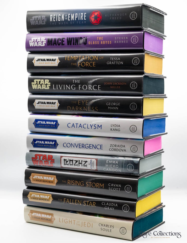 Item #5183 Light of the Jedi, the Fallen Star, the Rising Storm, Ronin, Convergence, Cataclysm, the Eye of Darkness, The Living Force, Temptation of the Force, Mace Windu, Reign of the Empire, Trials of the Jedi & The Acolyte Wayseeker. Charles Soule Kang, George Mann, Emma Mieko Candon, Zoraida Cordova, Cavan Scott, Claudia Gray, John Jackson Miller Lydia, Justina Ireland, Charles Soule, Steven Barnes, Tessa Gratton, Alexander Freed.